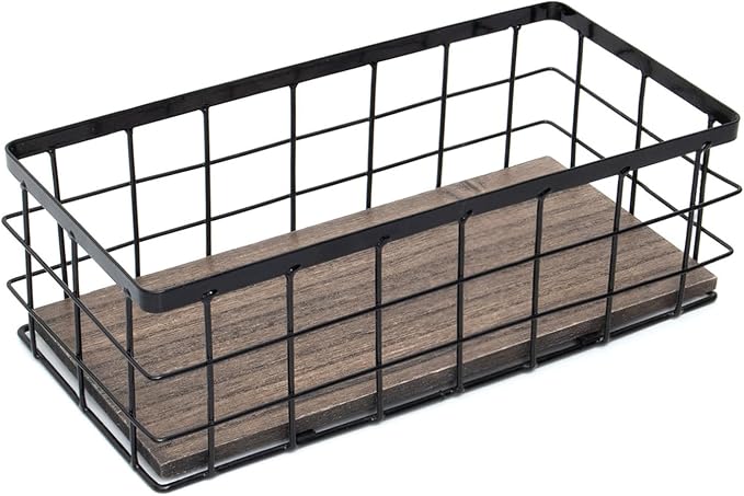 ROSE BLOOM Small Metal Wire Storage Basket, Decorative Wood Base Organizer Bins - Image 10