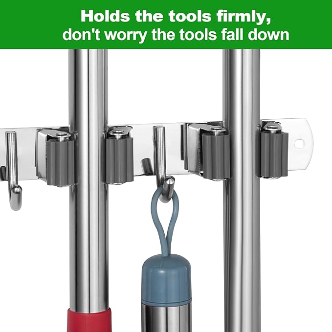 voze 5 Racks and 4 Hooks Mop and Broom Holder Wall Mount, Self Adhesive Heavy - Image 4