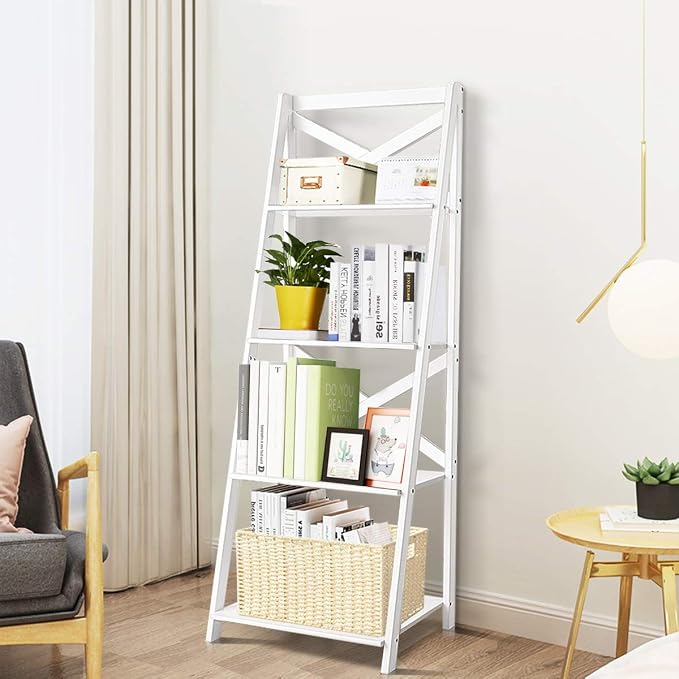 Tangkula 4-Tier Ladder Shelf Bookcase Leaning Free Standing Wooden Frame Decor - Image 2