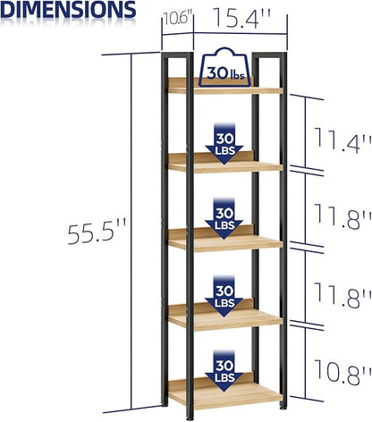 NUMENN Narrow Bookshelf, 5 Tier Freestanding Shelving Unit, Natural | Metal - Image 3