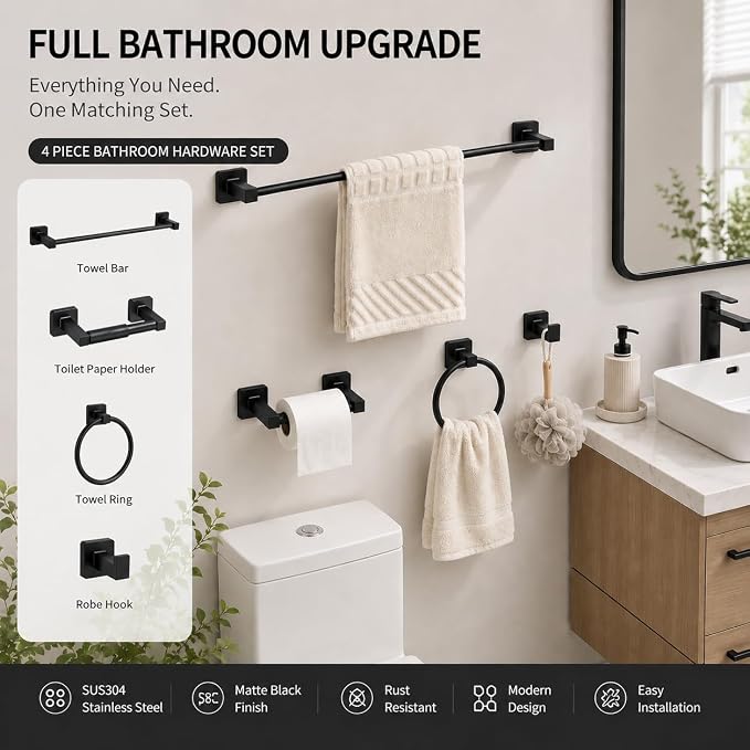 Matte Black Bathroom Hardware Set 4 Pieces, Bathroom Accessories Set Stainless - Image 2