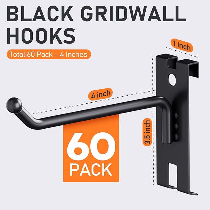 INCLY 4 Inch Gridwall Hooks, 60 Pack Heavy Duty Black Display Hooks - Image 2