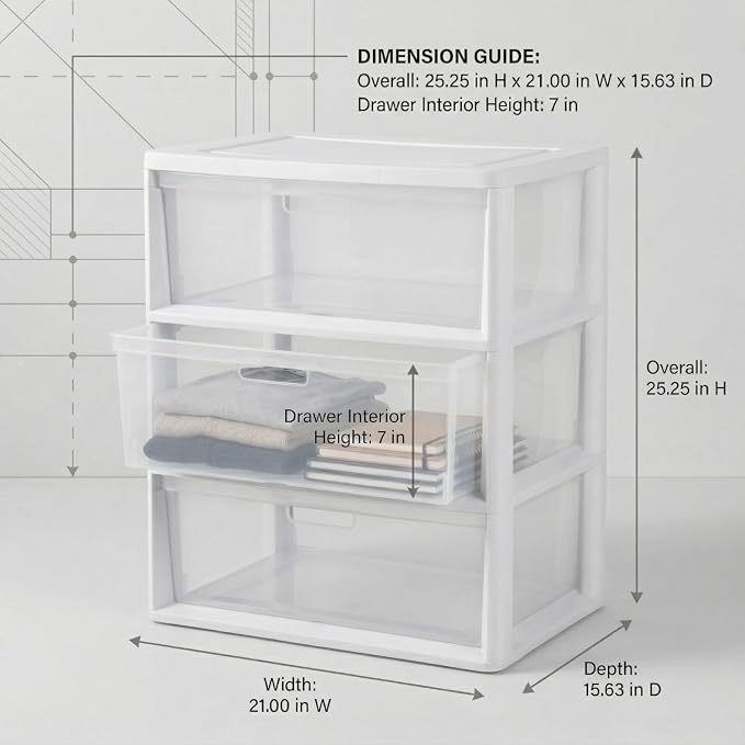 Wide 3-Drawer Plastic Storage Tower Organizer, 25.25" High, Drawer Stops & - Image 2