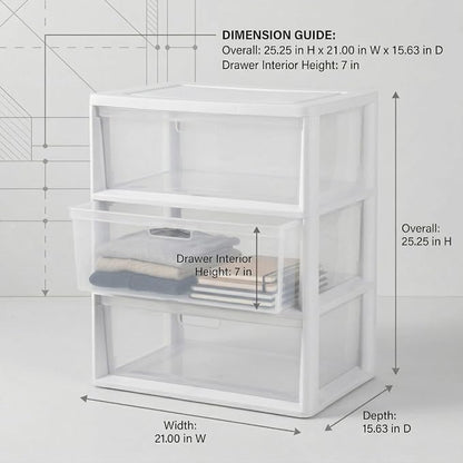 Wide 3-Drawer Plastic Storage Tower Organizer, 25.25" High, Drawer Stops & - Image 2