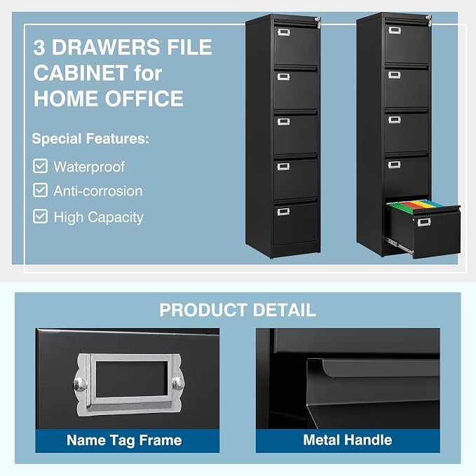 5-Drawer File Cabinet, 16.3" Deep Vertical Metal Filing Cabinet - Image 5