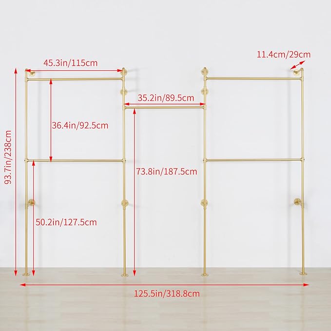 Industrial Pipe Clothing Rack Wall Mounted 5 Hanging Rods Garment Bar, Heavy - Image 3