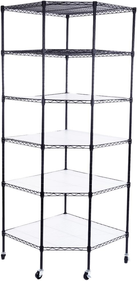 6 Tiers Polygonal Corner Shelf, Metal Storage Standing Rack w/Wheels, Wire by WEIGLOBAL
