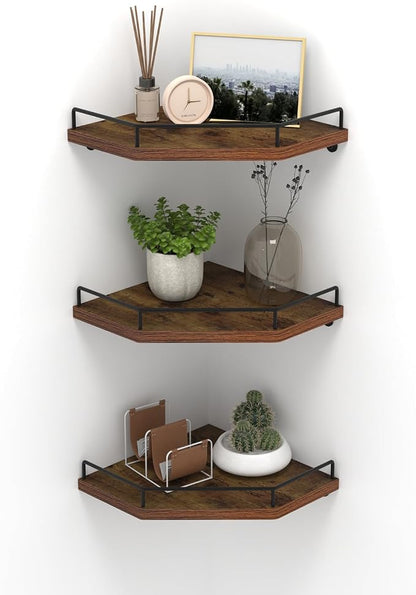 HORLIMER Floating Corner Shelf Wall Mount, 3 Pack Rustic Wood Corner Wall by HORLIMER