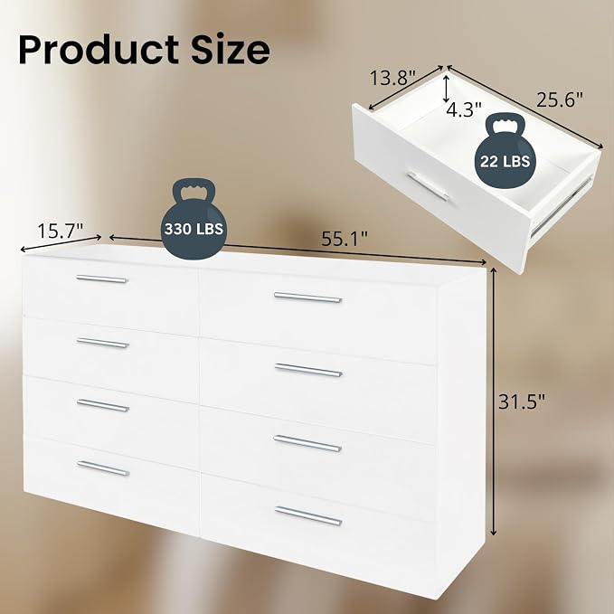 Karl home 8 Drawer Dresser, Wood White Vanity Drawer Cabinet, Bedroom Storage - Image 2