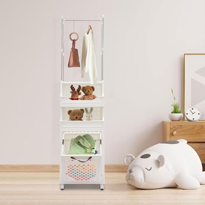 Rolling Laundry Hamper with Hanging Rod, 3-Tier Laundry Hamper Cart with 6 Hooks - Image 3
