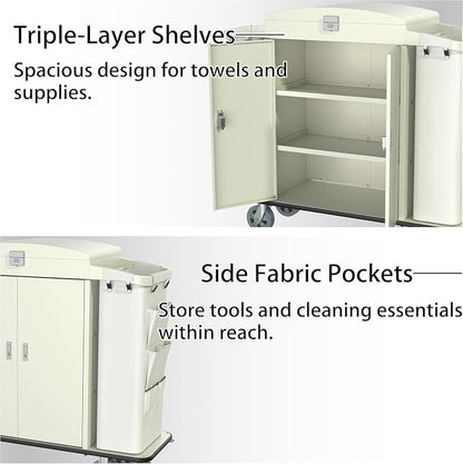 Heavy Duty Metal Housekeeping Janitorial Cart, Silent Casters, Locking Large - Image 5