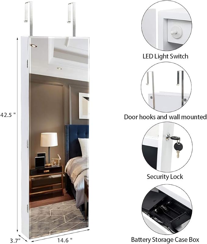 8 LEDs Mirror Jewelry Armoire, Wall Mounted Jewelry Cabinet - Image 6