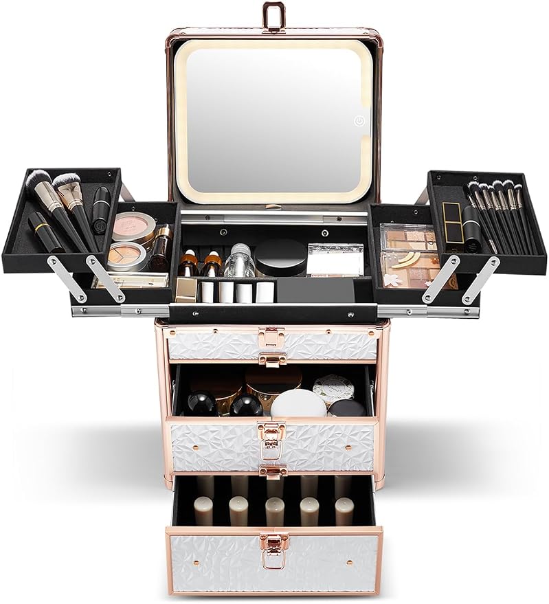 Qislee Makeup Box with Double Drawers and Four Trays, A Detachable Lighted by Qislee