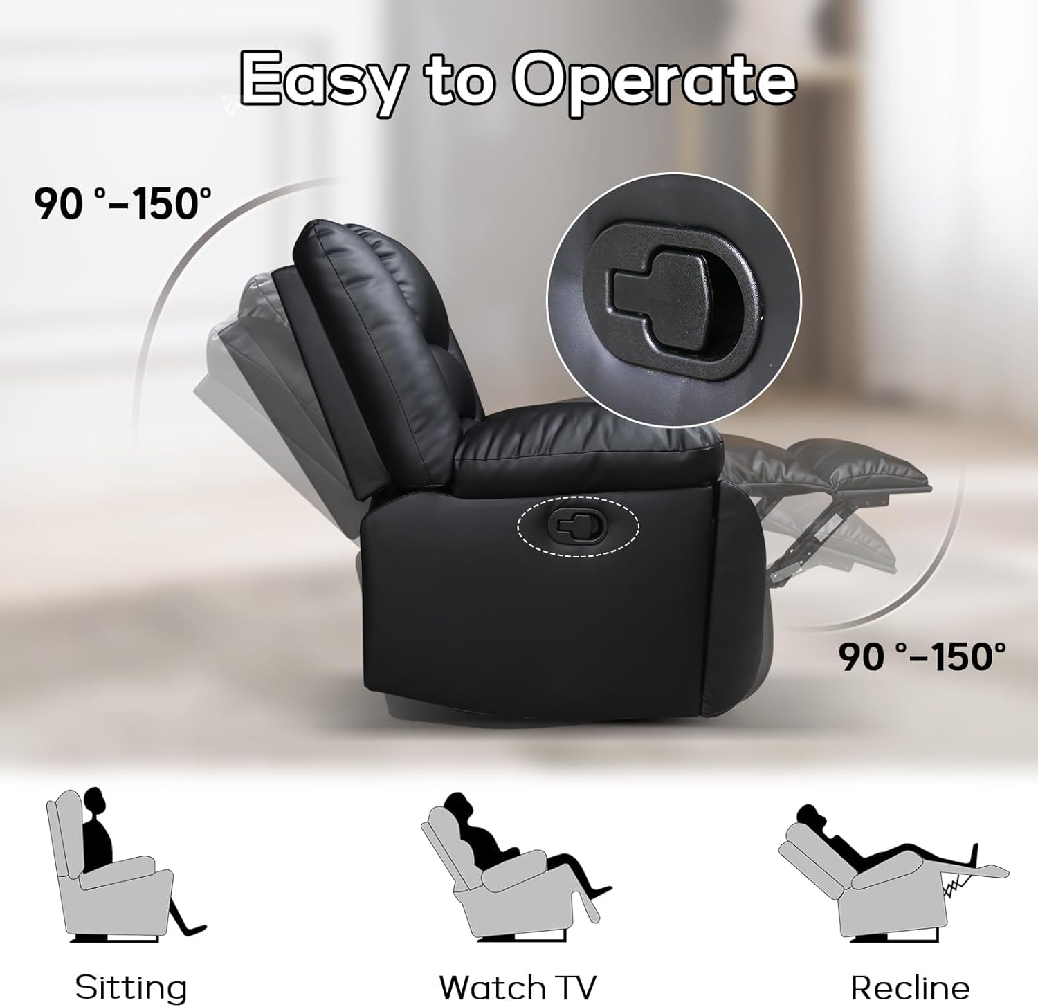 EBELLO Manual Faux Leather Recliner Sofa Set, Recliner Chair, Loveseat Reclining Sofa and 3 Seat Sofa, Couch Set for Living Room, Bedroom, Meeting Room, Black