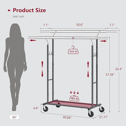 Tajsoon Double Rod Clothes Rack Load 480 LBS, Heavy Duty Rolling Garment Rack - Image 7
