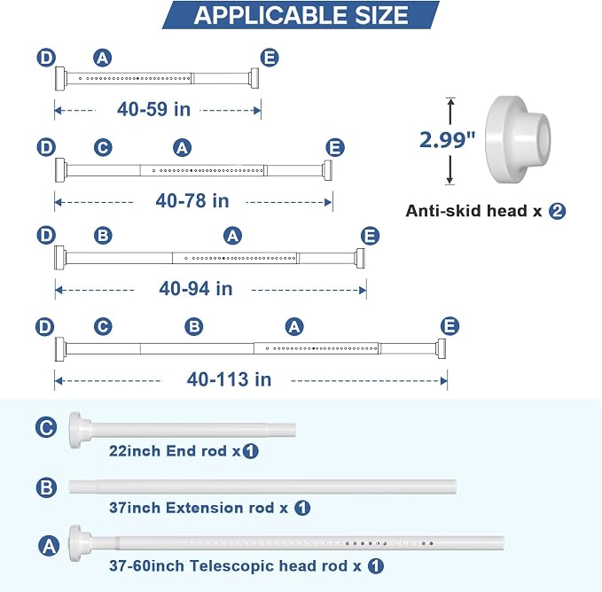 Long Tension Curtain Rod 40-113inch White Shower Curtain Rods no Drilling - Image 2