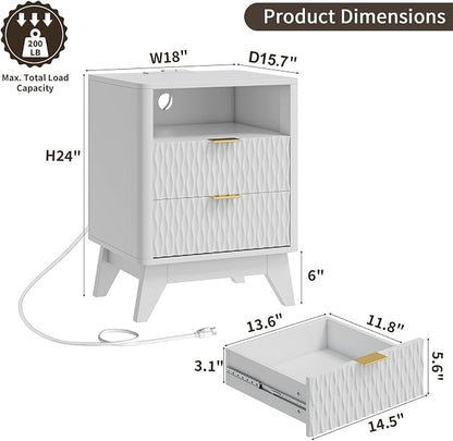 Fluted Nightstand with Charging Station, Bedside Table - Image 2