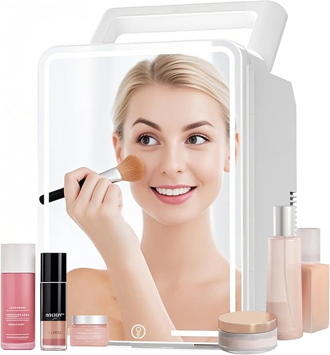 12L Skincare Fridge with Mirror & LED Lighting, 3-Mode Dimmable, Cooler & Warmer by Kikihouse