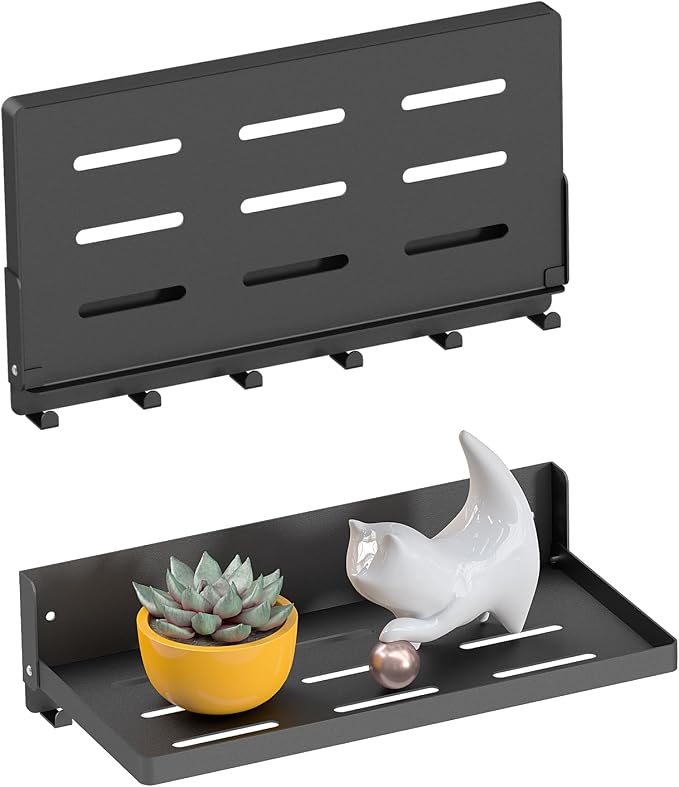 Small Folding Metal Shelf with Hooks, RV Fold-Down Wall Shelf, 6 Hooks by SKIKEN