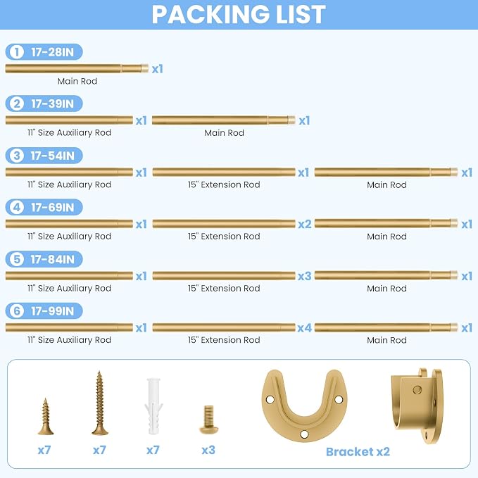 Closet Rods for Hanging Clothes, 17 to 39 Inch Heavy Duty Stepless Adjustable - Image 8