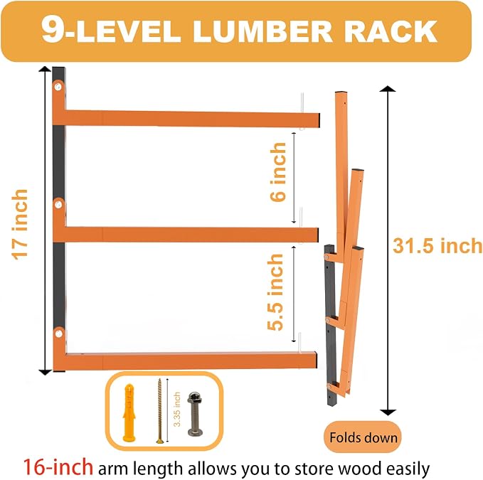 Lumber Rack Wall Mount, Heavy Duty Wood Storage Racks, 9-Level System Garage - Image 2