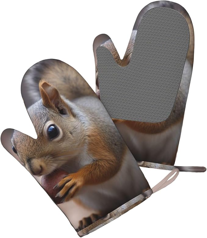 Cute Squirrel Print Oven Mitts Set of 2, Heat Resistant Silicone Oven Mittens - Image 3