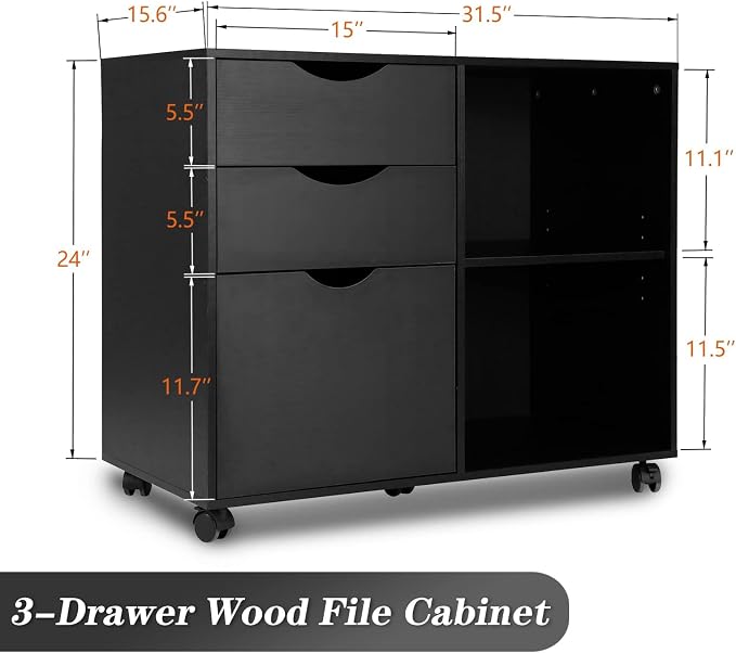 QDSSDECO 3-Drawer with Shelf Wood File Cabinet Mobile Lateral Filing Cabinet - Image 3