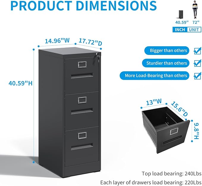 3 Drawer File Cabinet with Lock, Vertical Metal Filing Storage Cabinet - Image 3