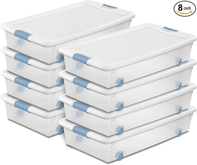 Sterilite 8-Pack Wheeled Latching Box, Plastic Under Bed Storage Bins by Sterilite