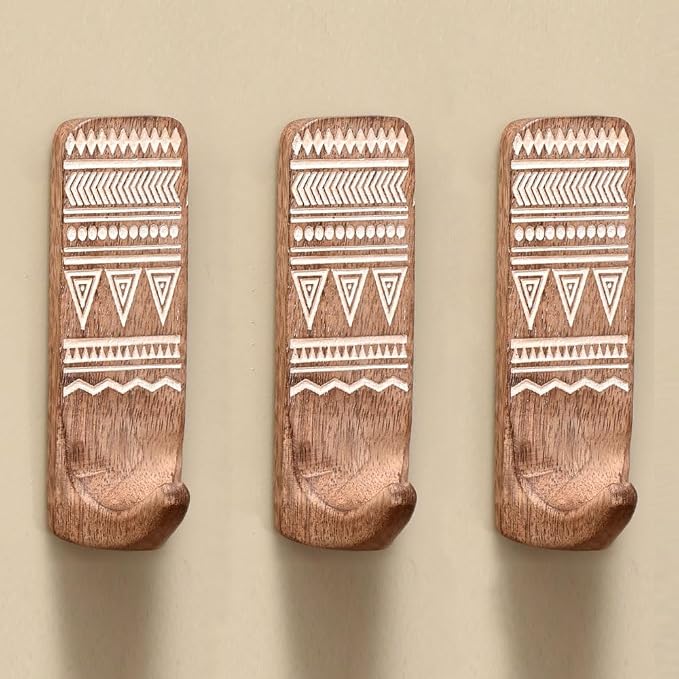 Indian Shelf 3 Boho Wood Adhesive Wall Hooks Peel Stick by IndianShelf