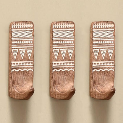 Indian Shelf 3 Boho Wood Adhesive Wall Hooks Peel Stick by IndianShelf