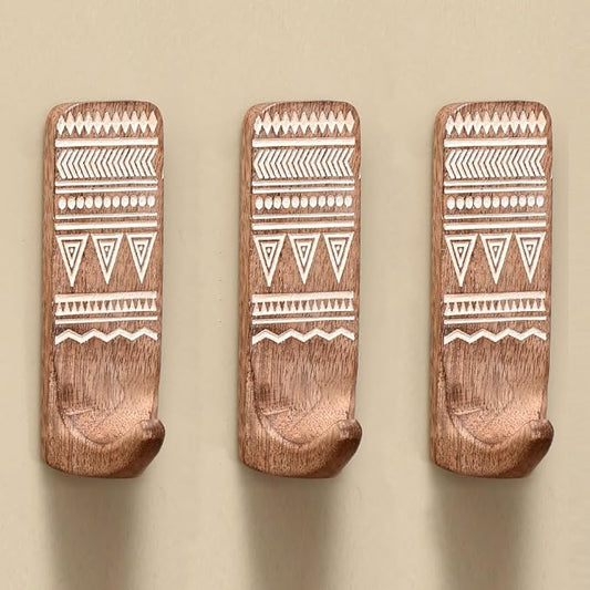 Indian Shelf 3 Boho Wood Adhesive Wall Hooks Peel Stick by IndianShelf