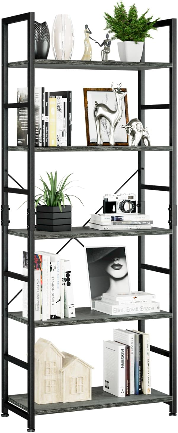 NUMENN 5 Tier Bookshelf, Tall Freestanding Open Storage Bookcase, Dark Grey | by NUMENN