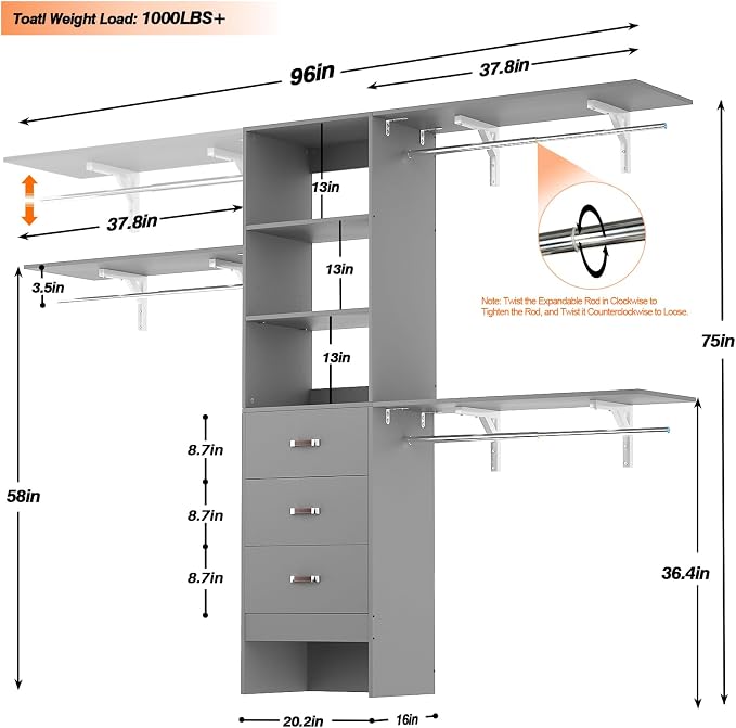 iSunirm 8FT Closet System, Wall Mount Bedroom Wardrobe - Image 8