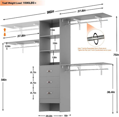 iSunirm 8FT Closet System, Wall Mount Bedroom Wardrobe - Image 8