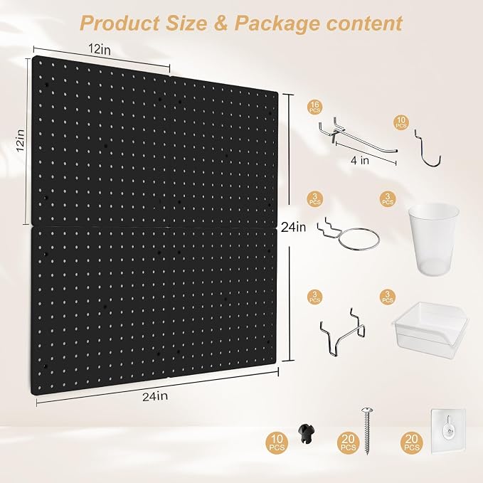 FZK 36pcs Pegboard Kit, Peg Board, Peg Board Hooks, Includes 4 Black Pegboard - Image 2