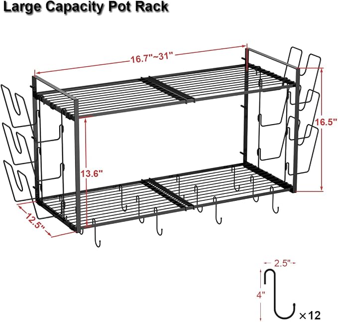 31 Inch Pot Rack Wall Mounted, 2-Tier Hanging Pots and Pans Organizer - Image 5