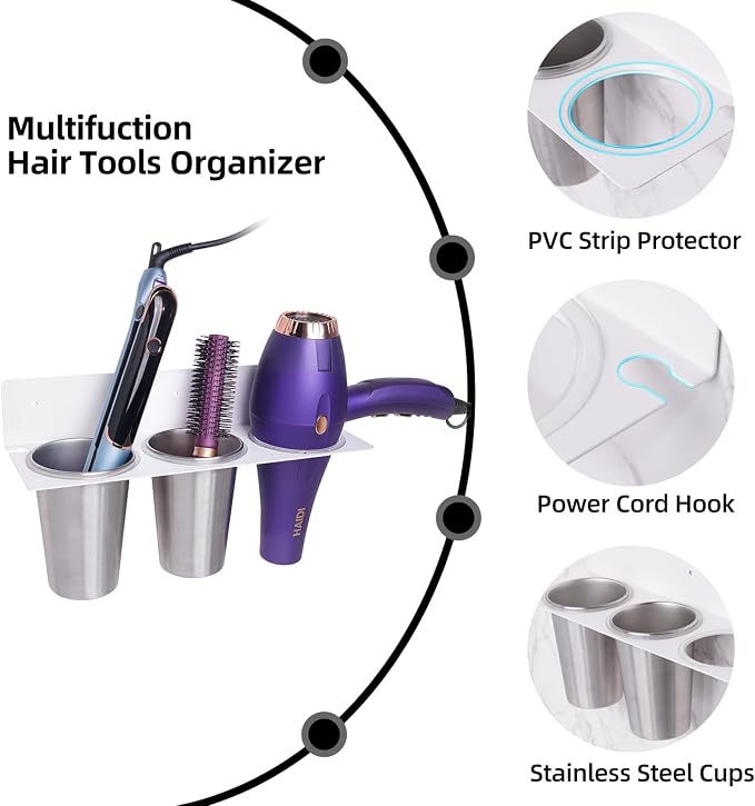 Hair Tool Organizer, Hair Dryer Holder wtih 2 Cups, Hot Tool Organizer Wall - Image 3