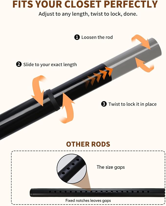 Closet Rods for Hanging Clothes, 18-92 Inch Stepless Adjustable Closet Rod - Image 2