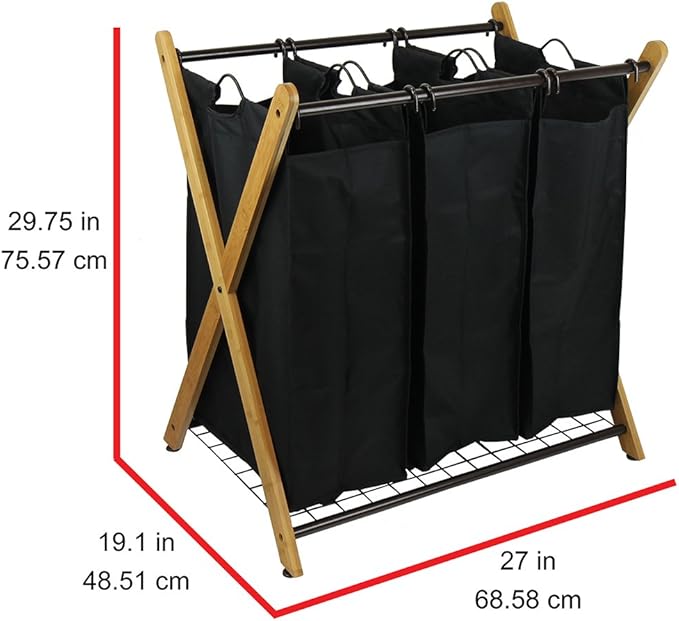 Oceanstar XBS1484 Bamboo 3-Bag Laundry Sorter Black, 29.75 in. H x 19.10 in. W - Image 4