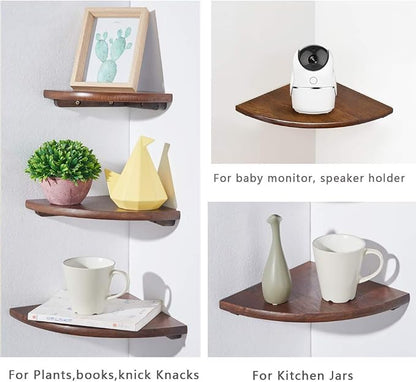 Corner Shelf, 12inch Walnut Solid Wood Floating Corner Shelves Wall Mount Round - Image 7