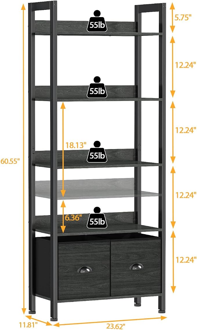 Furologee 5-Tier Bookshelf, Tall Bookcase - Image 3