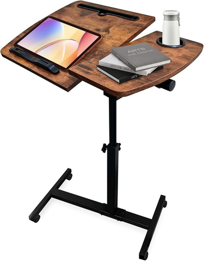 Overbed Table with Wheels Adjustable Height, Tiltable Desktop with Tray by YAQUHO