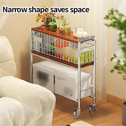 Slim Storage Cart with Wheels, 2 Tier Rolling Cart with Solid Wood Open Shelf - Image 6