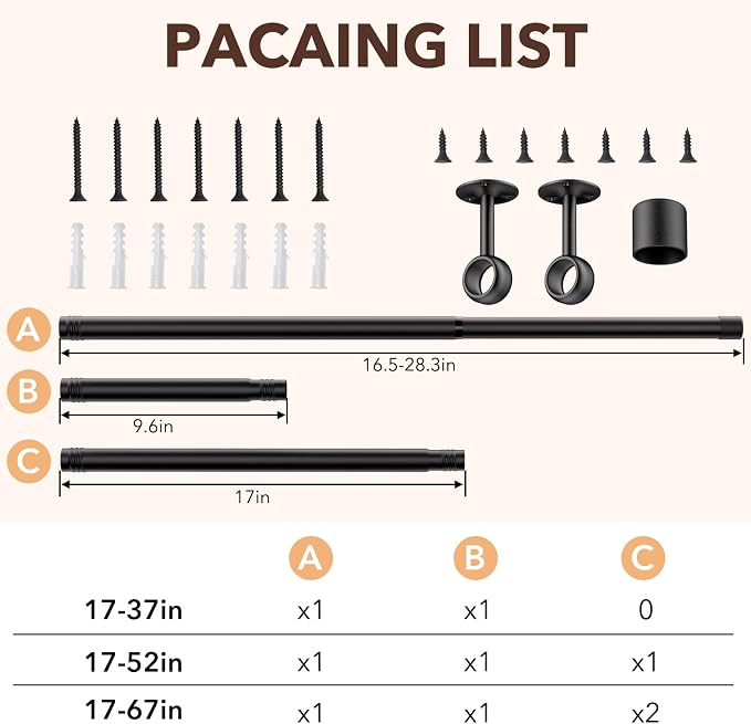 SUTINE Closet Rod, Closet Rods for Hanging Clothes, 17 to 37 inch Adjustable - Image 2