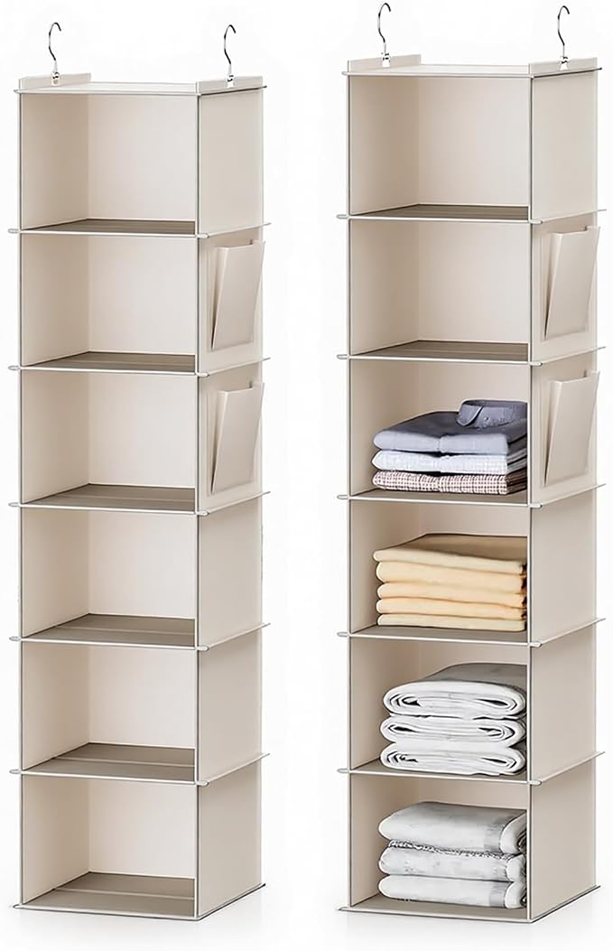 2 Pack 6-Shelf Hanging Closet Storage, Strong Frame Beige Closet Organizer by Clipore