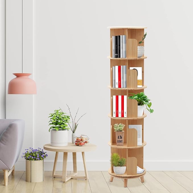 5-Tier Rotating Solid Wood Bookshelf - Image 2