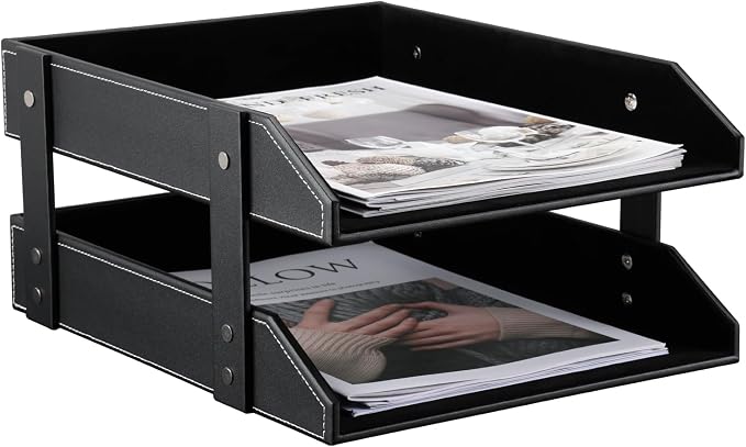 KINGFOM Letter Tray, Leather Paper Organizer Tray, Wooden Desk File Holder - Image 4