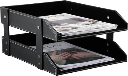 KINGFOM Letter Tray, Leather Paper Organizer Tray, Wooden Desk File Holder - Image 4