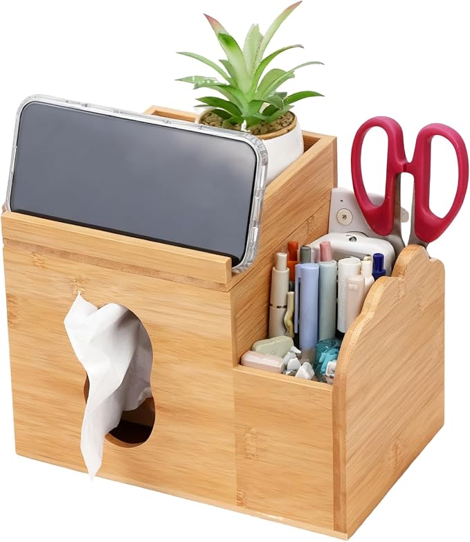 Wooden Tissue Box Cover with Storage Tray, Makeup Organizer and Phone Holder by Mulaibdin